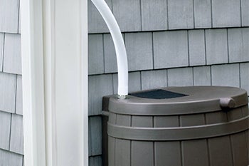 Rainwater collection hose feeding into a barrel
